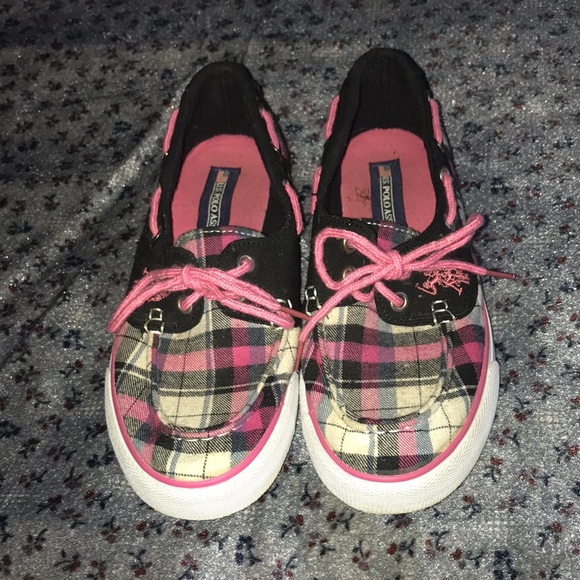 Size 6 Polo Boat Shoes Pink and Black Plaid - Picture 2 of 6